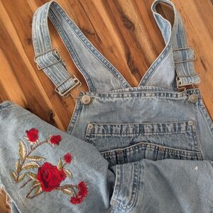 Vintage Denim Overalls with Floral Embroidery